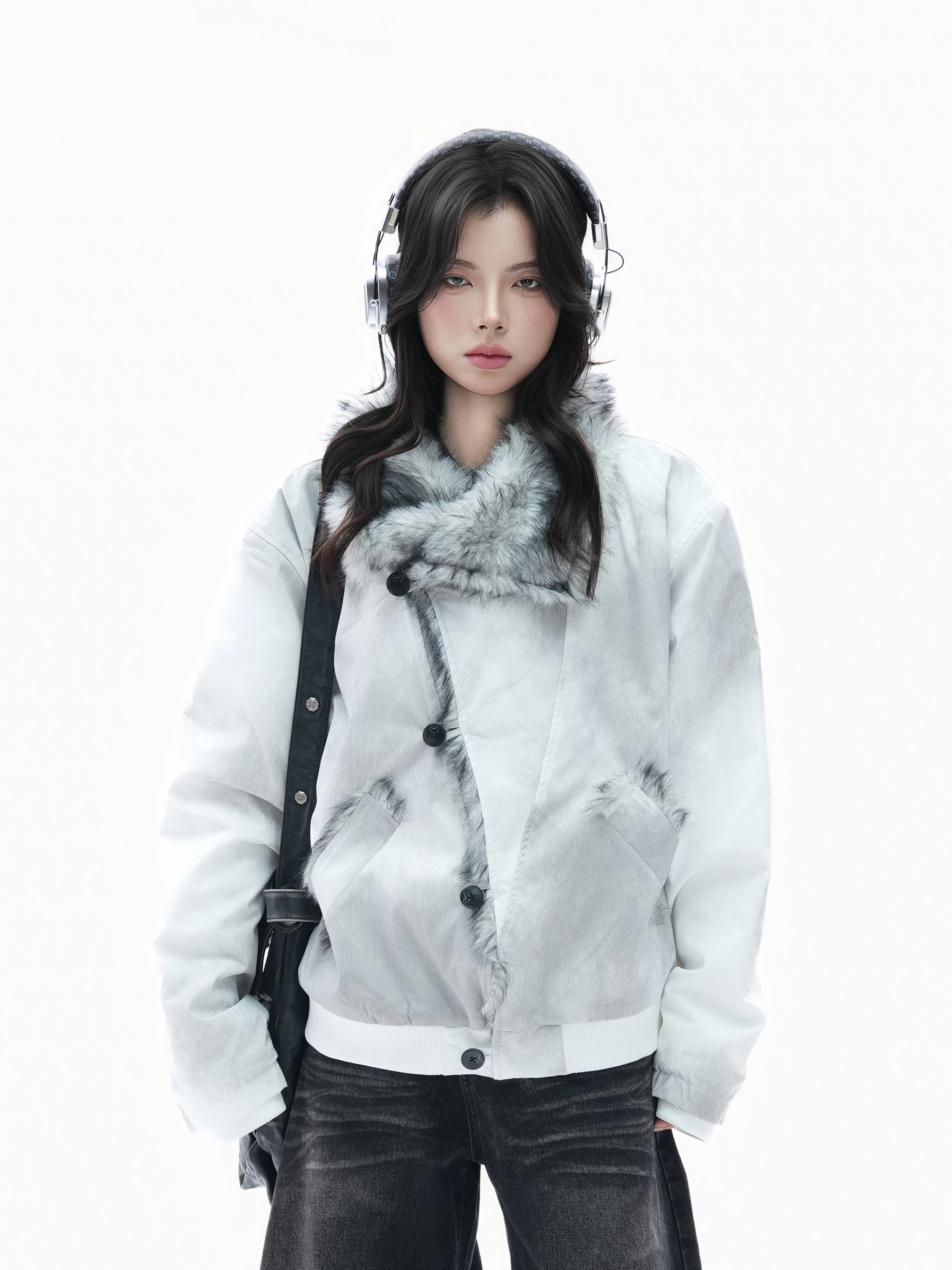 Zuocisankon Plush Lapel Diagonal Buckle Tie-dyed Cotton Jacket