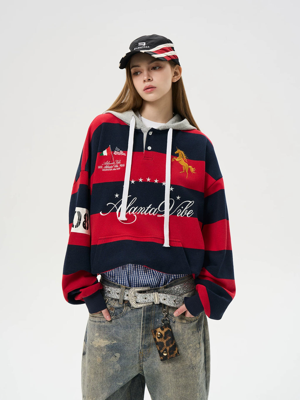 HACR Striped Stitched Embroidered Hooded Sweater