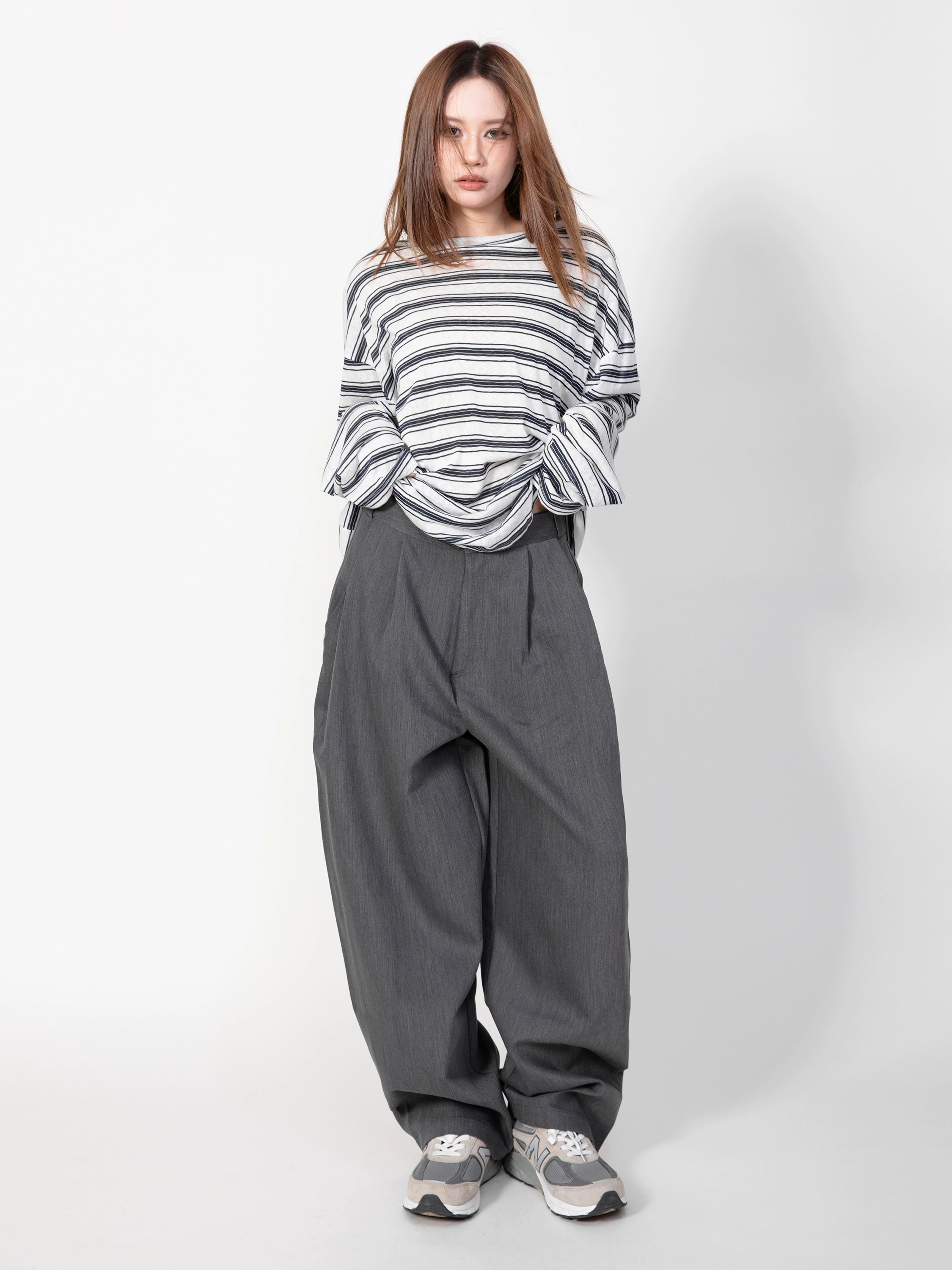 RHOMEHOUSE Lazy Loose Drape Striped Long Sleeve