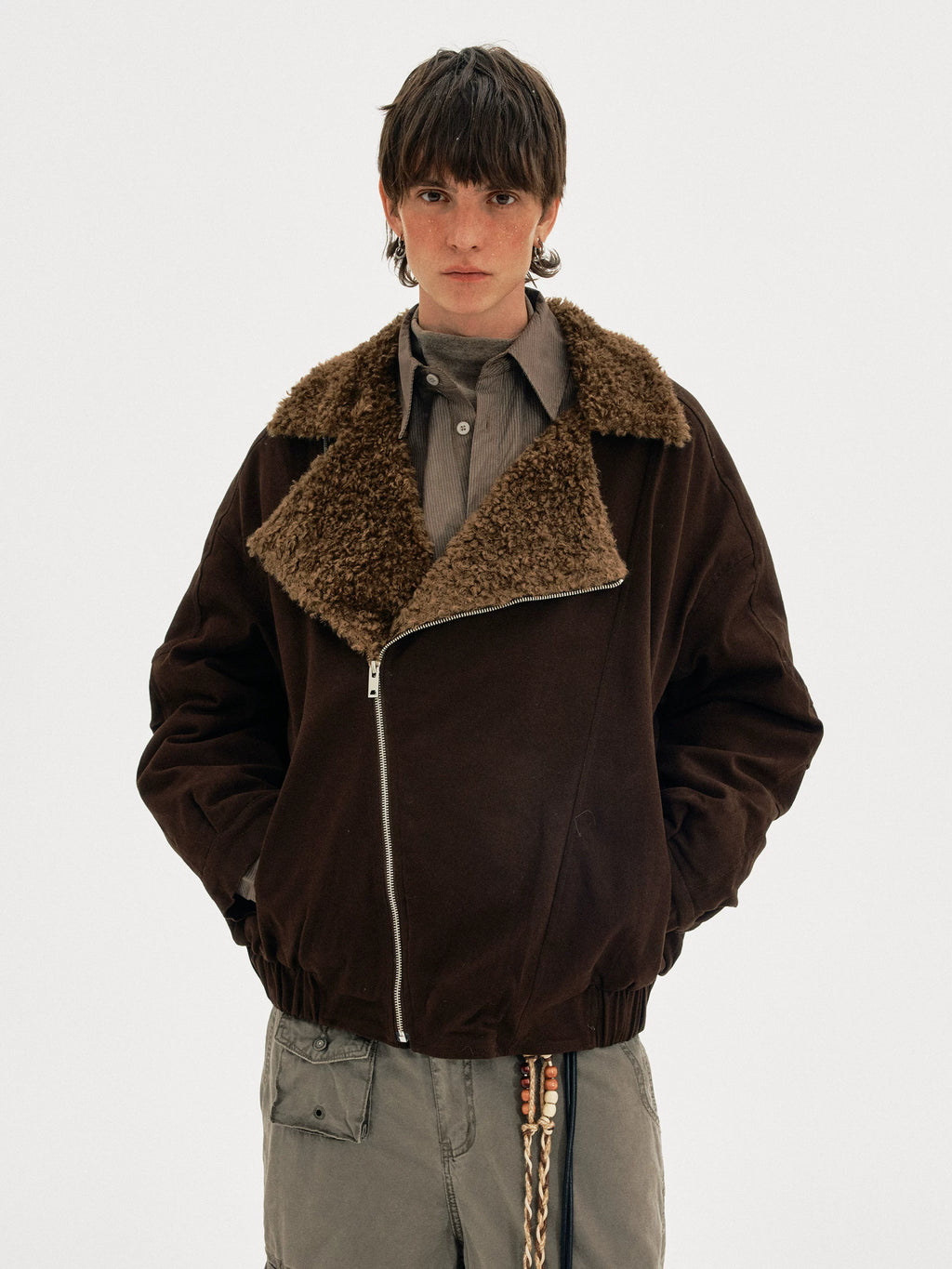MADWITCH Vintage Slant Zipper Lamb Fur Collar Cotton Clothing