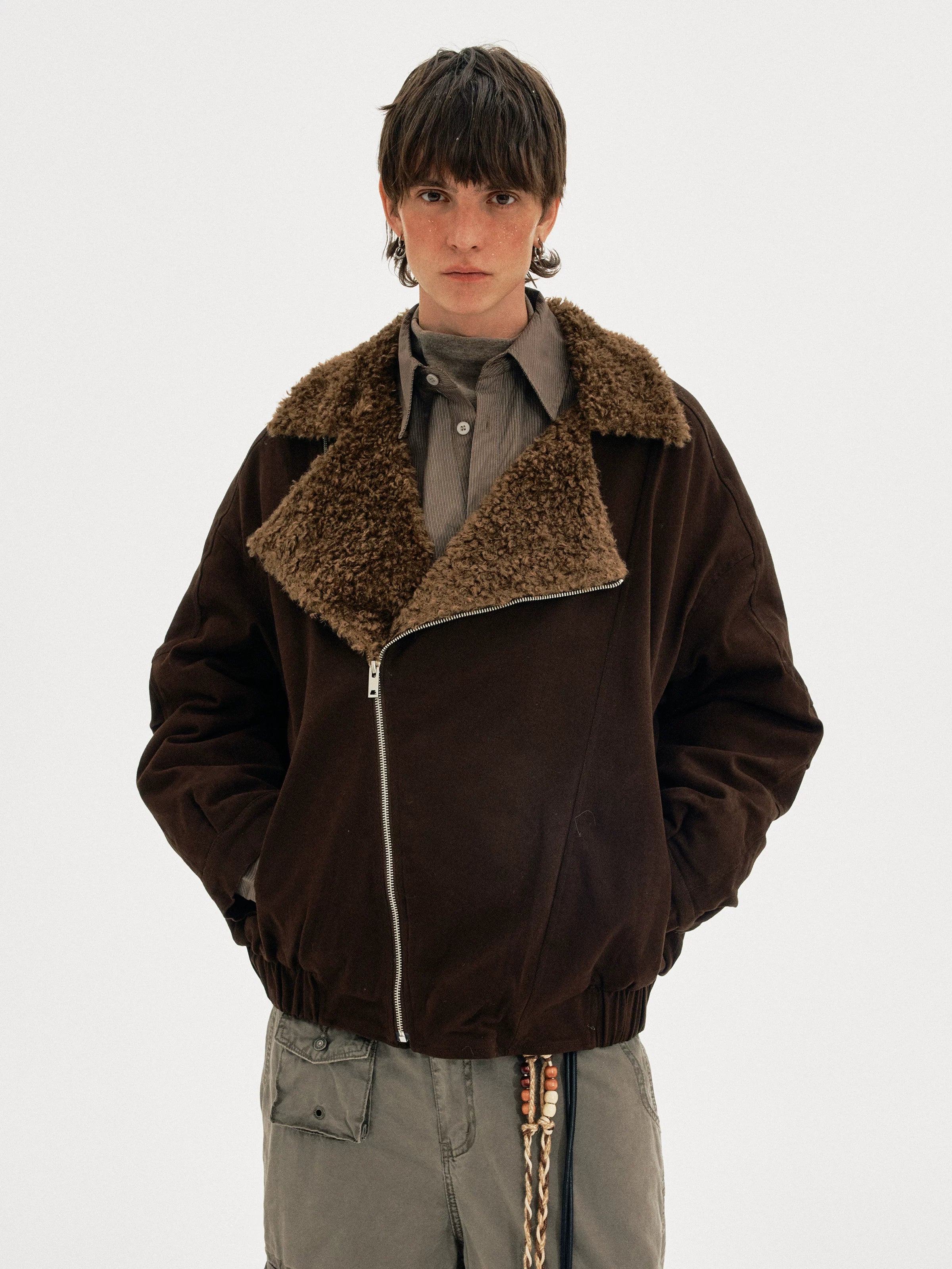 MADWITCH Vintage Slant Zipper Lamb Fur Collar Cotton Clothing