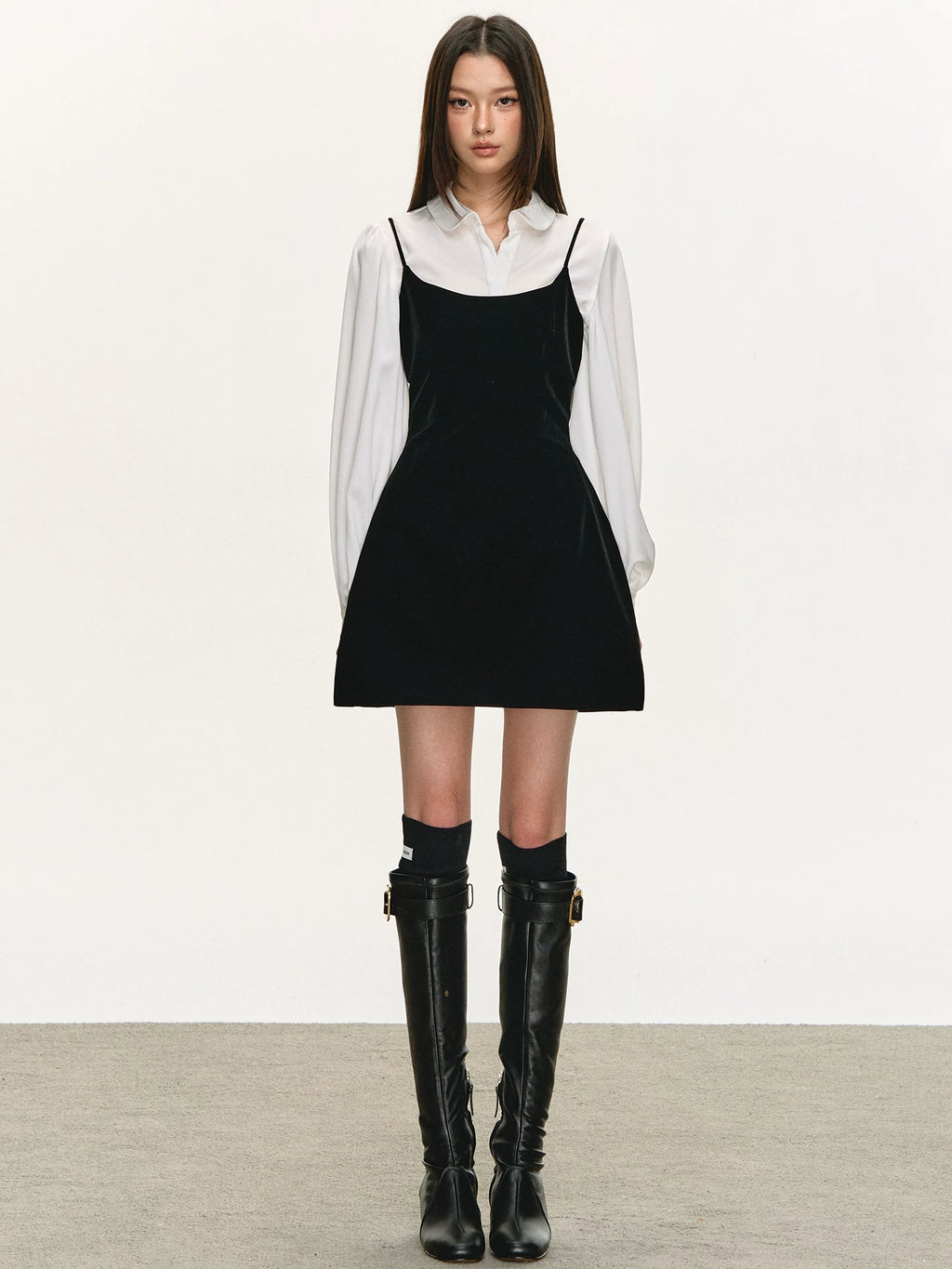Anna Aneae Long Sleeve Shirt Stacked Velvet Suspender Dress Set