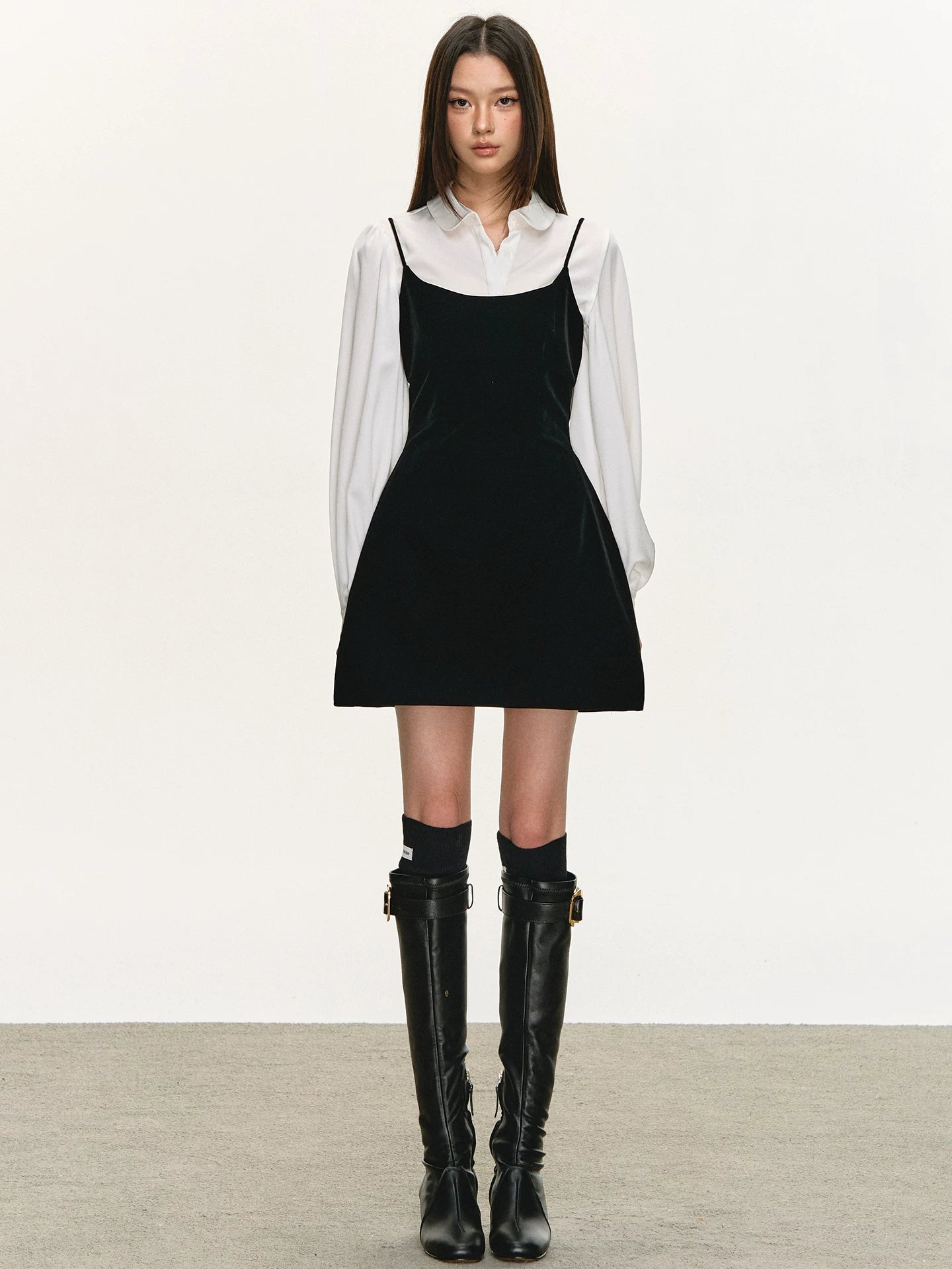 Anna Aneae Long Sleeve Shirt Stacked Velvet Suspender Dress Set