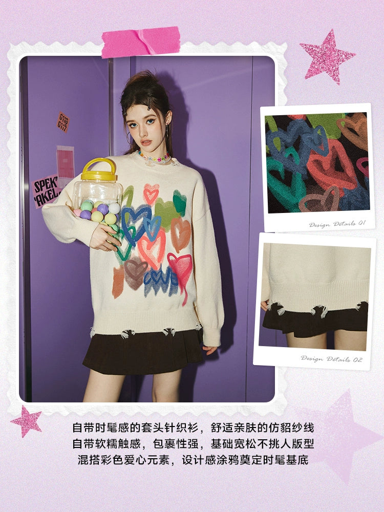 UNIFREE Lazy Style Crew Neck Thickened Ripped Knitted Sweater