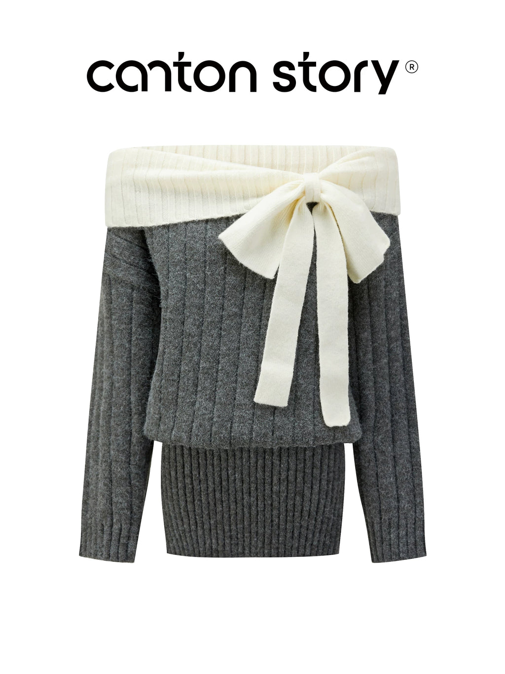 Cantonstory One-word Shoulder-wrapped Hip Long-sleeved Knitted Dress