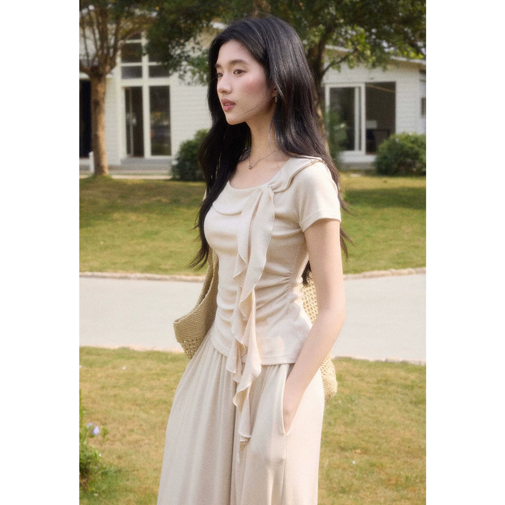 TYANG Waist Lace-up Large Lapel Streamer Slim Tee