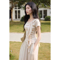 TYANG Waist Lace-up Large Lapel Streamer Slim Tee