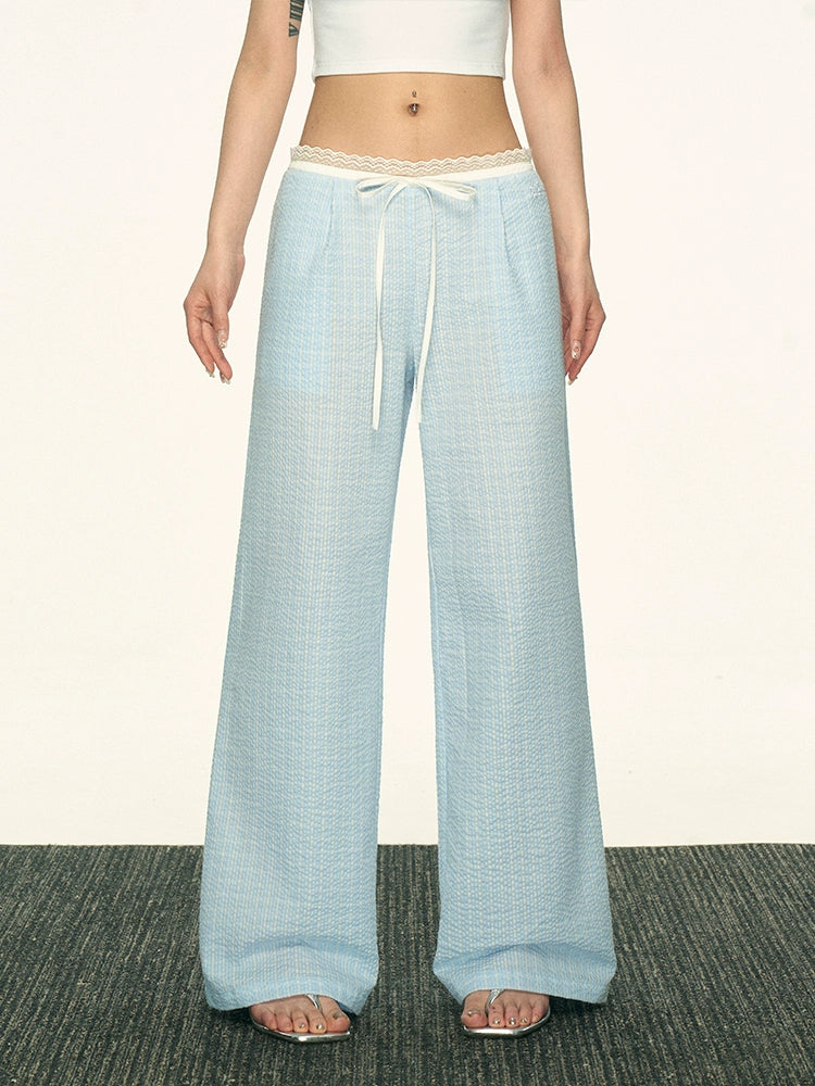 Aaisup Vintage Plaid Lace Spliced Bow Wide Leg Pants