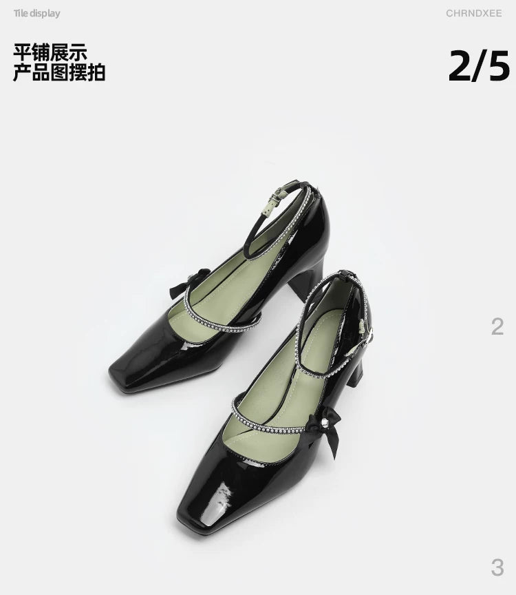 CHRNDXEE Retro Bow Rhinestone One-word Strap High-heeled Shoes