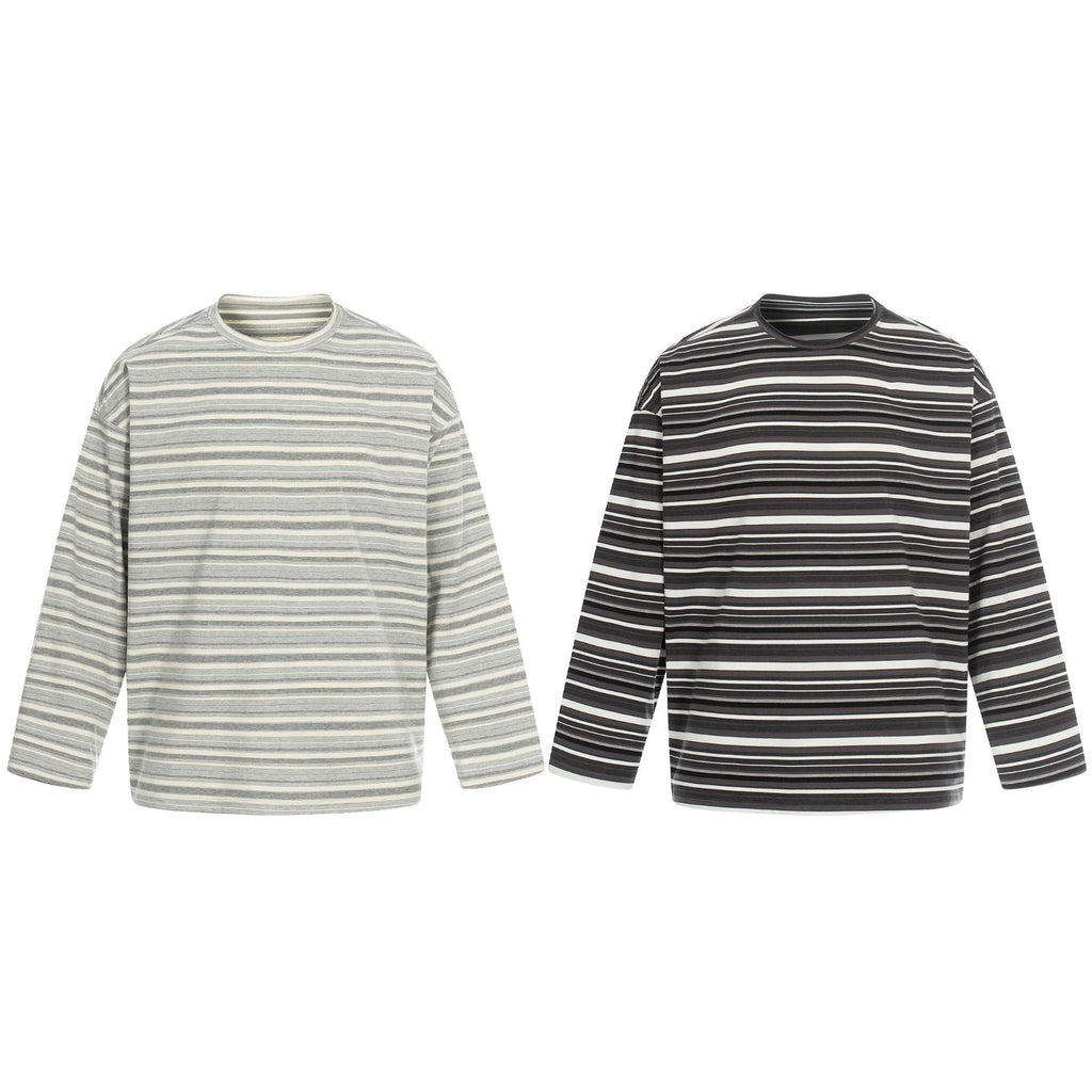 11KN Retro Striped Contrasting Color Casual Crew Neck Long Sleeve
