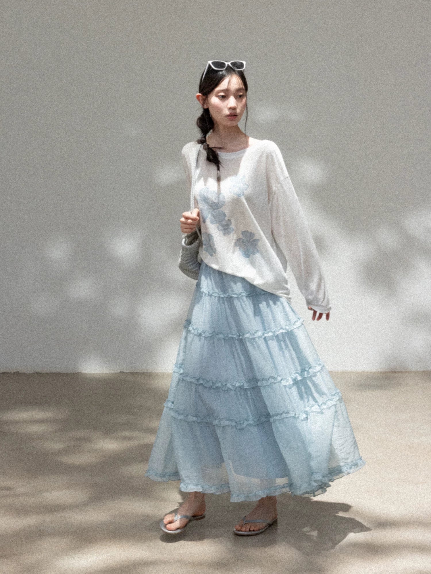 Cantonstory Lazy Crew Neck Thin Long Sleeve Skirt Set