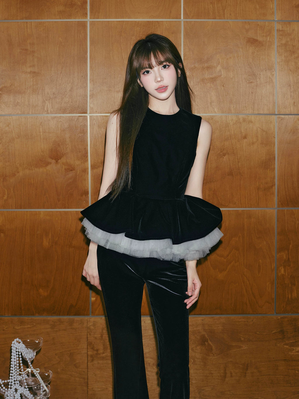 Avenement Velvet Stitching Mesh Casual Suit