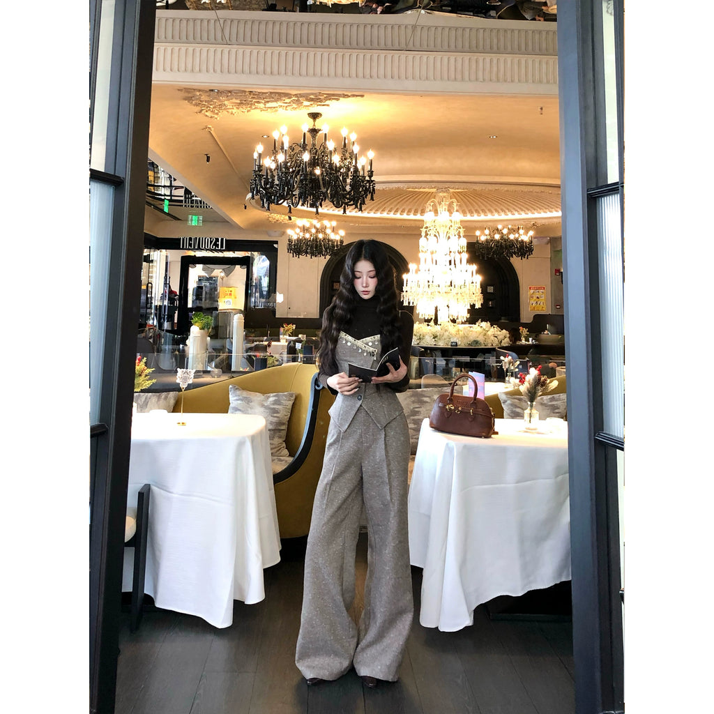 Barb Chill Lace Vest Suit Wide Leg Pants Suit