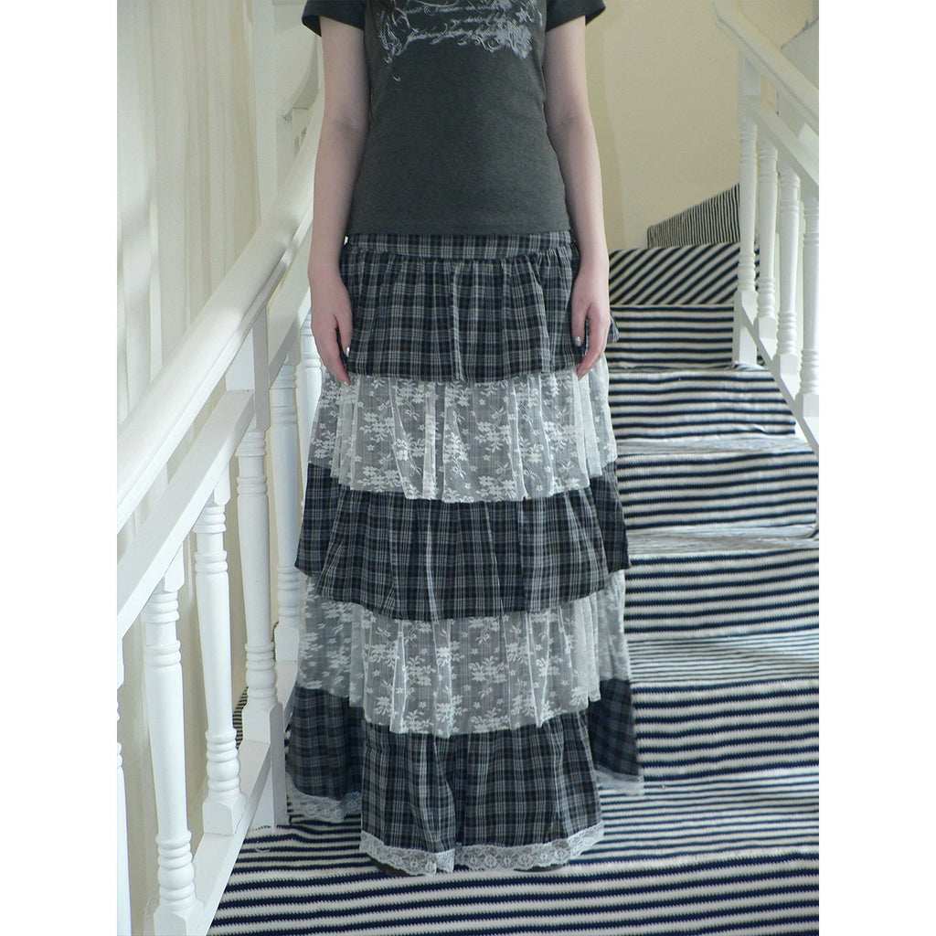 Ang:project Plaid Paneled Floral Mesh Maxi Skirt