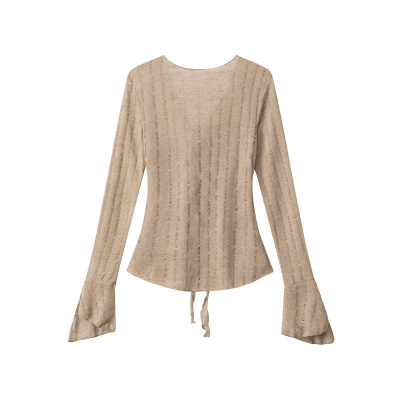 Nariele Hot Girls V-neck T-shirt Lace Sexy Long Sleeve Hollow Tops