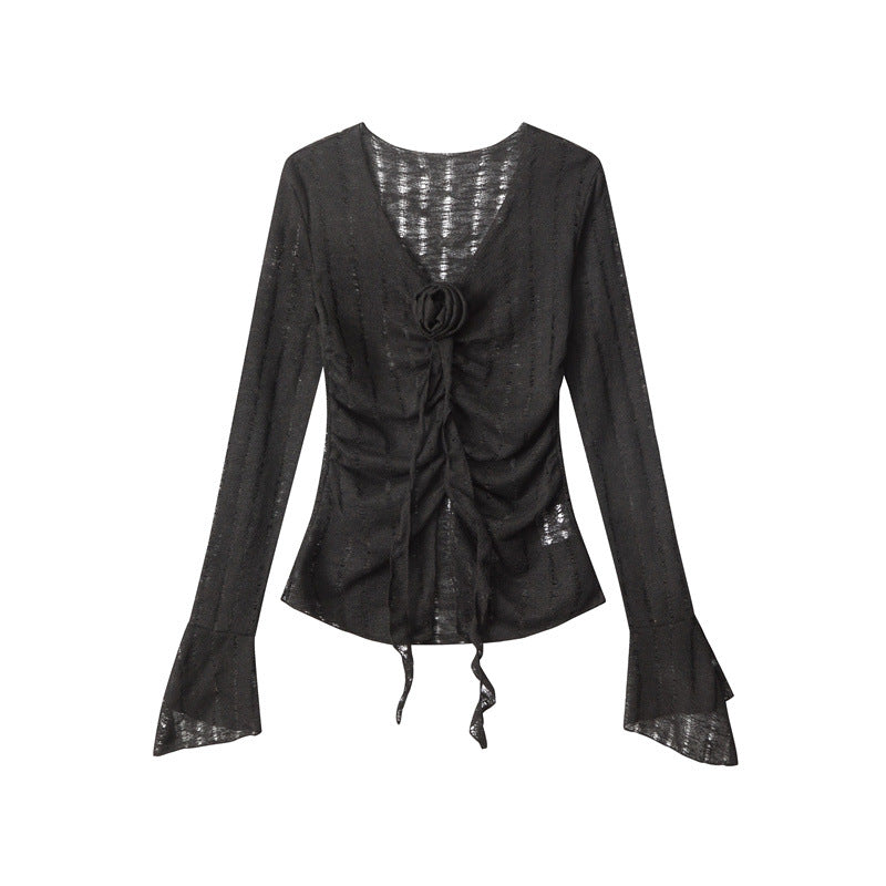 Nariele Hot Girls V-neck T-shirt Lace Sexy Long Sleeve Hollow Tops