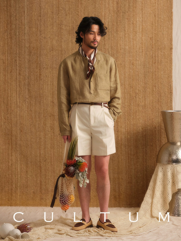 CULTUM Crisp Double-pleated Straight-leg Casual Loose Five-point Pants