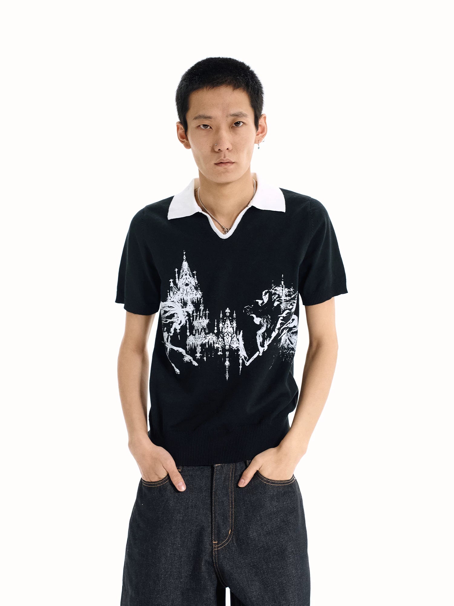 WANNA LAB Front Shoulder V-neck Polo Knitted Tee