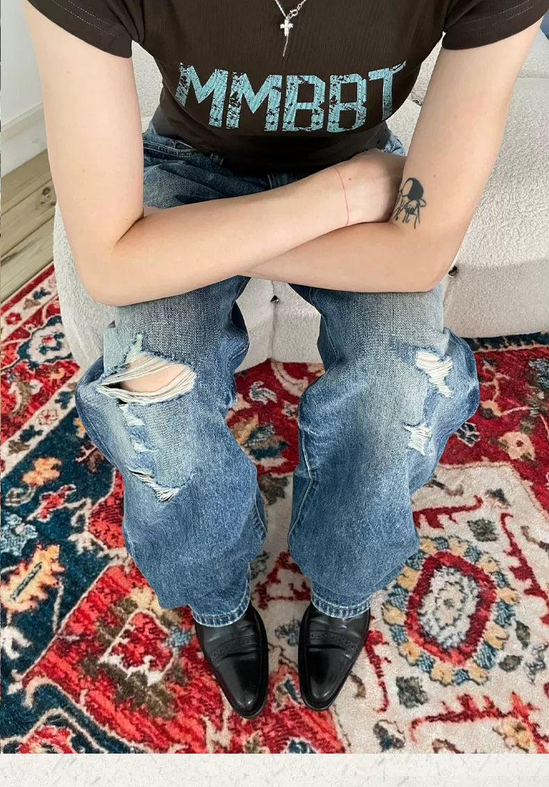 MMBBT Ripped Splicing Embroidered Straight Jeans
