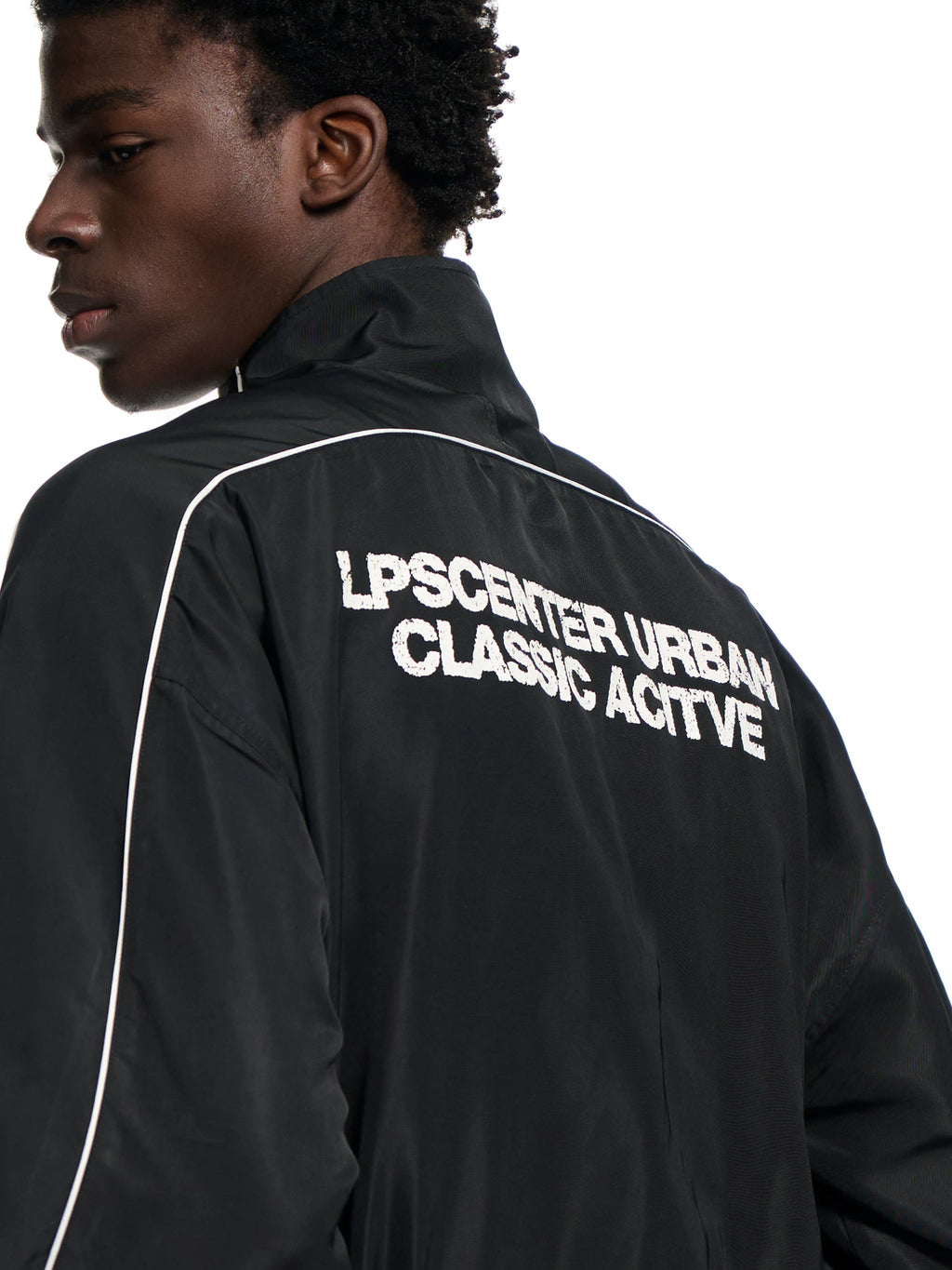 Loopsoon Front and Rear Print Contrasting Striped Stand-up Jacket