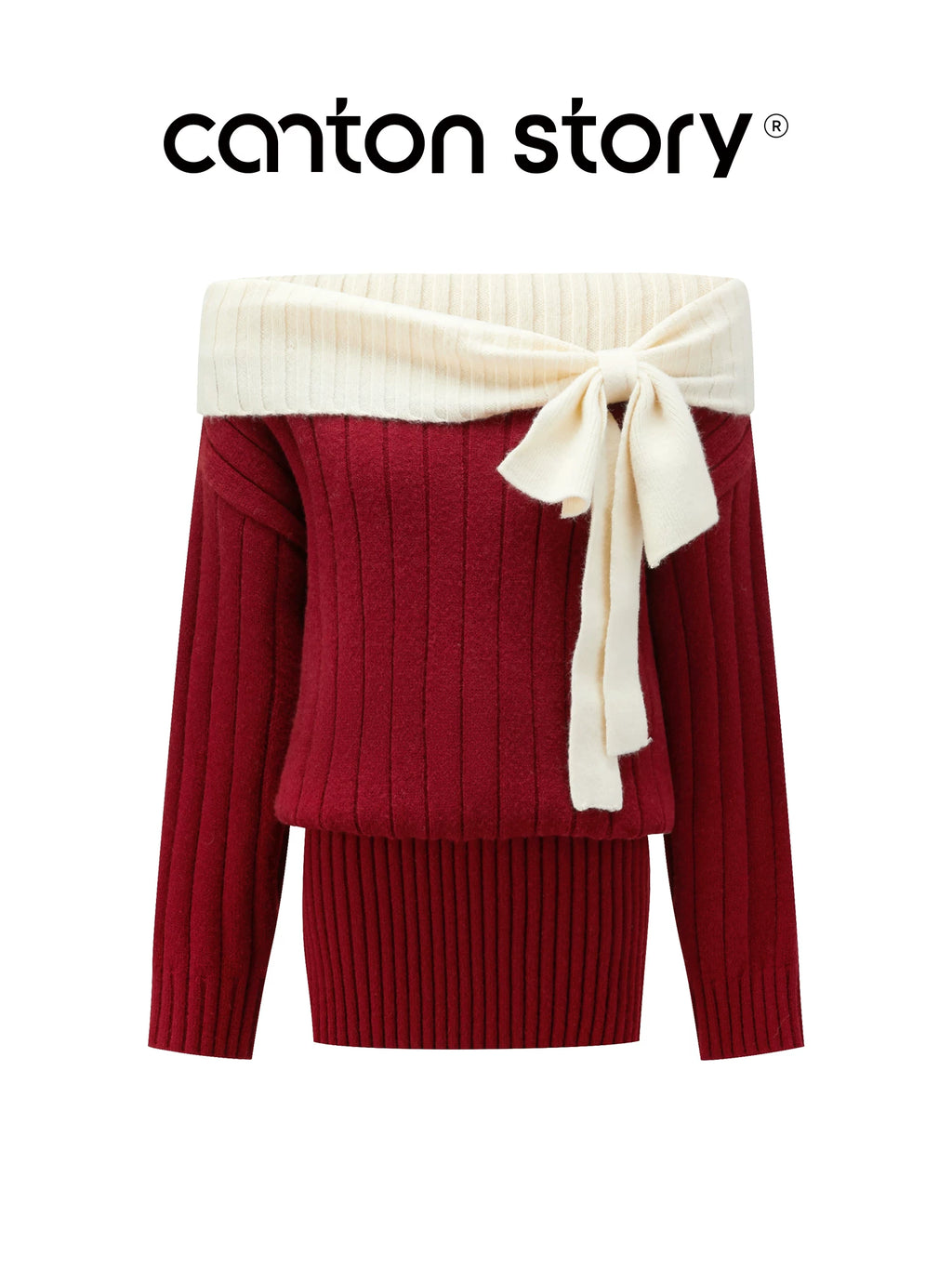 Cantonstory One-word Shoulder-wrapped Hip Long-sleeved Knitted Dress