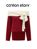 Cantonstory One-word Shoulder-wrapped Hip Long-sleeved Knitted Dress