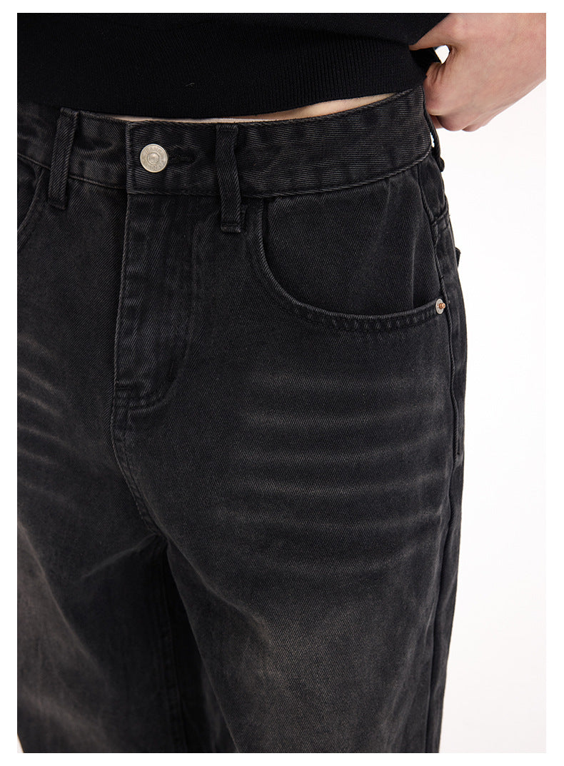 (Clearance) UNF 13.5oz Blockbuster Washed Old Cat Whiskers Baggy Bull Wide Leg Black Jeans