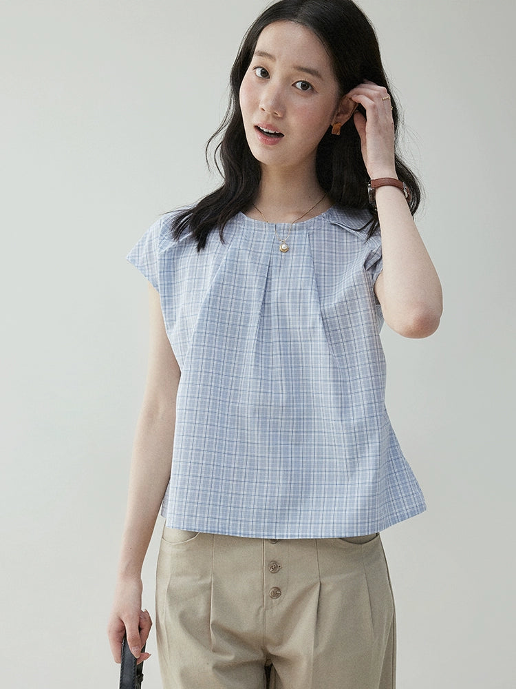 VOOE Contrast Checked Pleated Loose Fly Sleeve Shirt