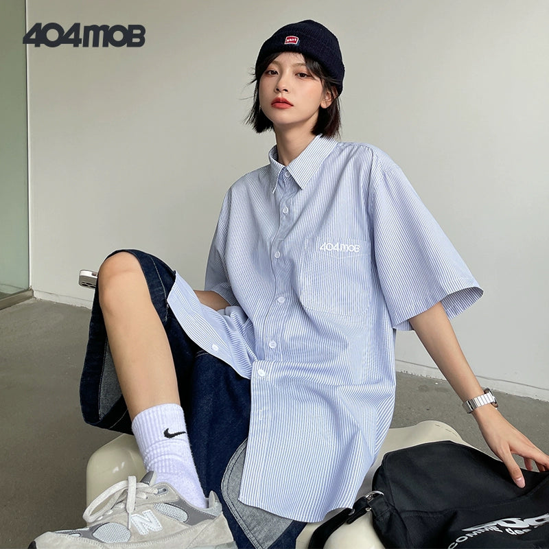 404MOB  blue and white striped short-sleeved shirt