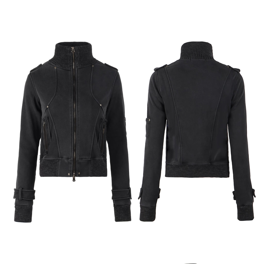 NOMANIAI Stand-up Neck Zipper Rivet Cardigan Slim-fit Fleece Sweater Jacket
