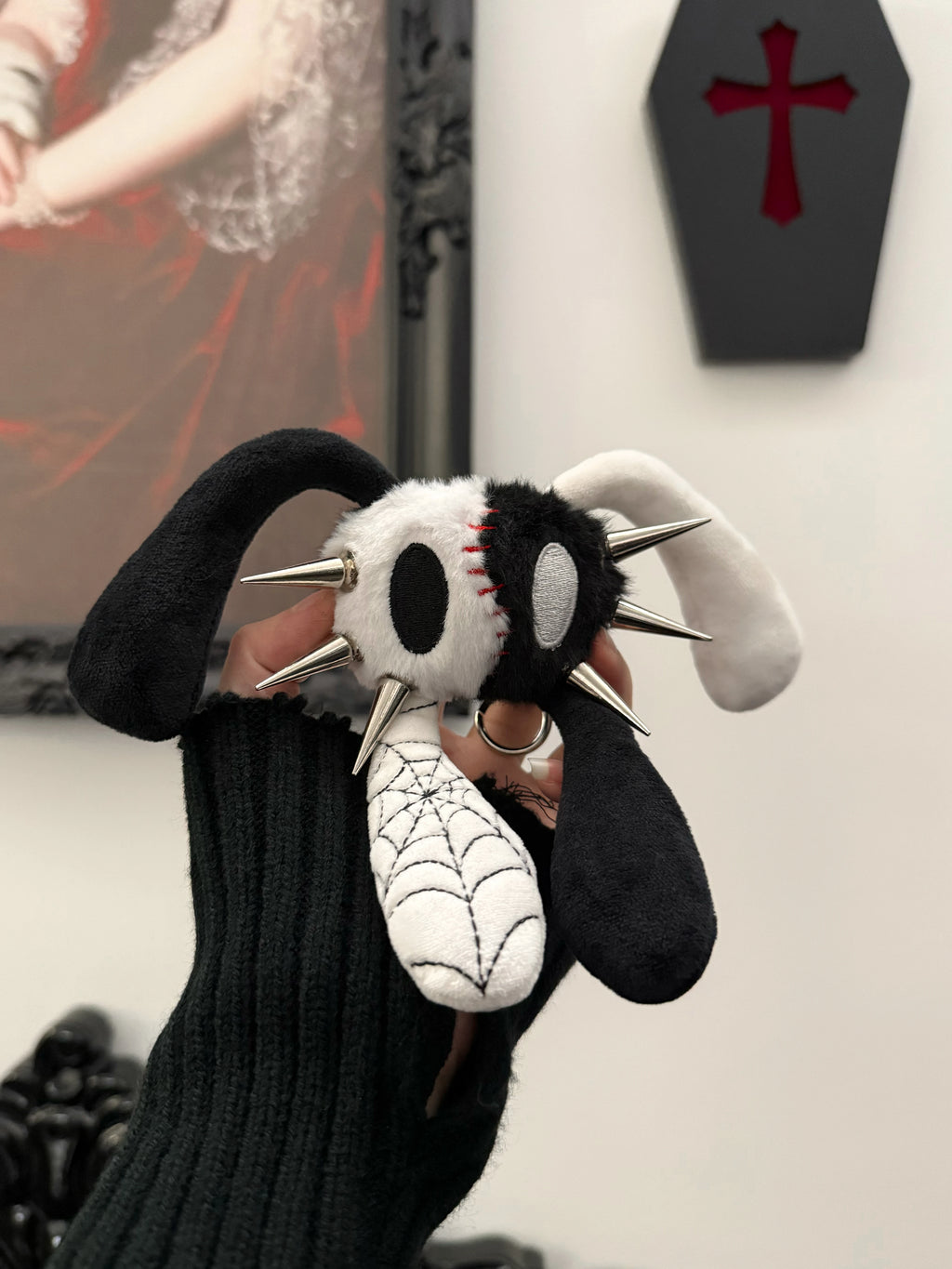 Antiphase Four-eared Rabbit Skull Plush Black and White Hanging Baby Pendant