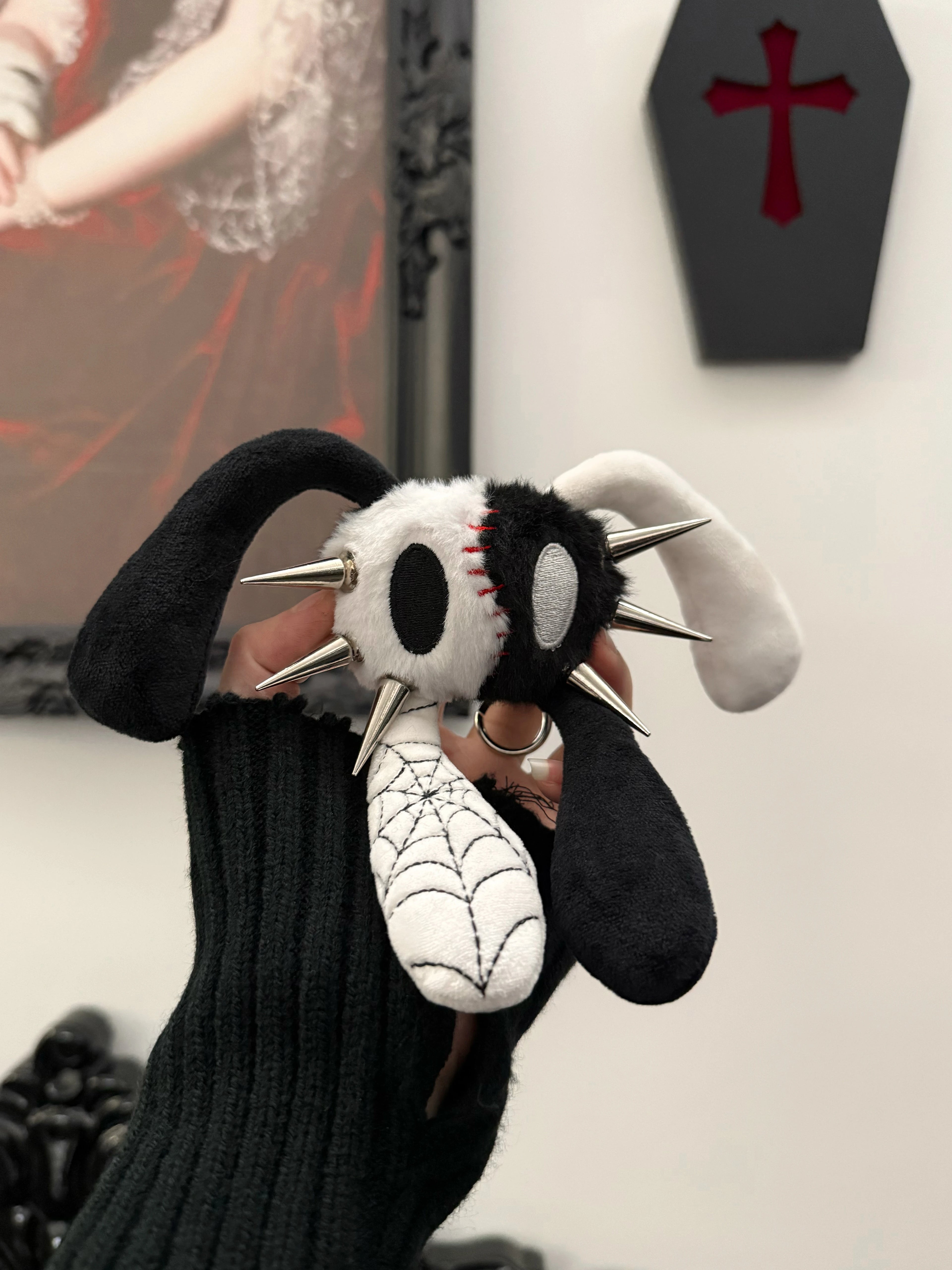 Antiphase Four-eared Rabbit Skull Plush Black and White Hanging Baby Pendant