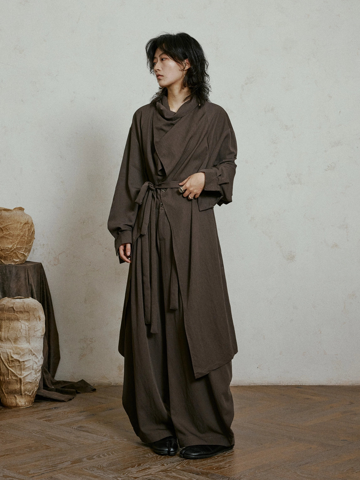 SUNYVONNE Cross-neck One-button Trench Coat