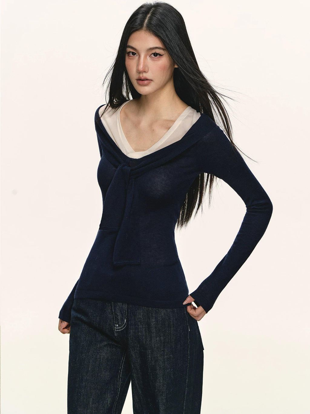 Anna Aneae Fake Two-piece Bow Strap Long Sleeve