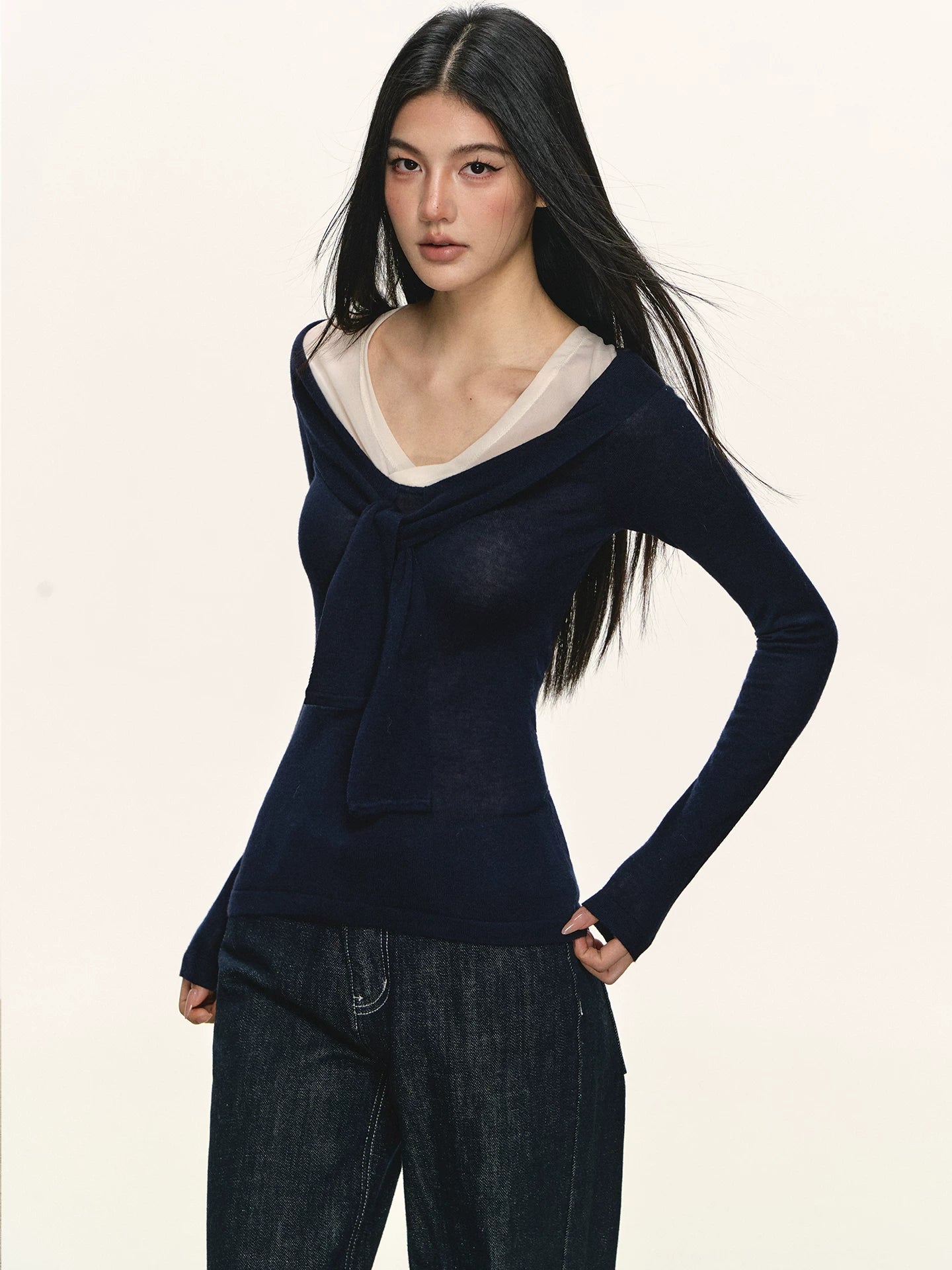 Anna Aneae Fake Two-piece Bow Strap Long Sleeve