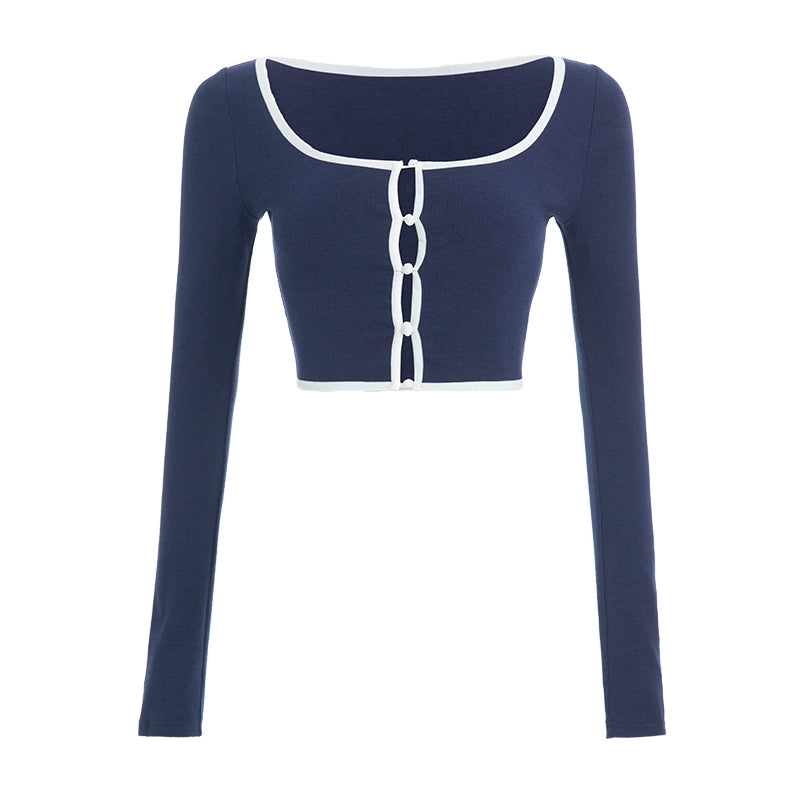 ABMY Square-neck Breasted Contrasting Hemming Cardigan