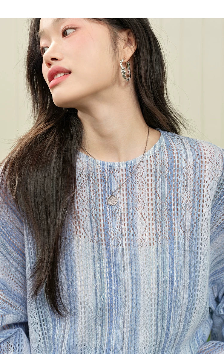 Kuose Striped Hollow Loose Long Sleeve Shirt