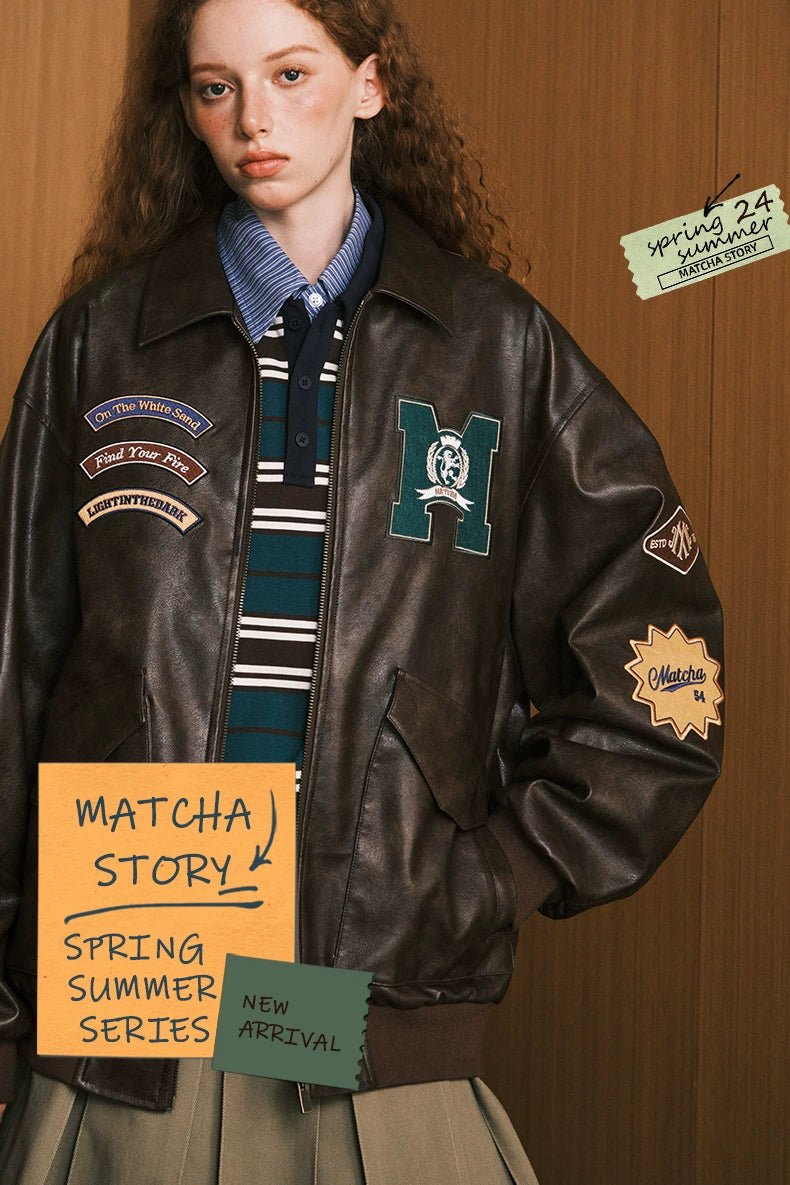 MATCHA STORY Badge Embroidered Lapel Leather Jacket