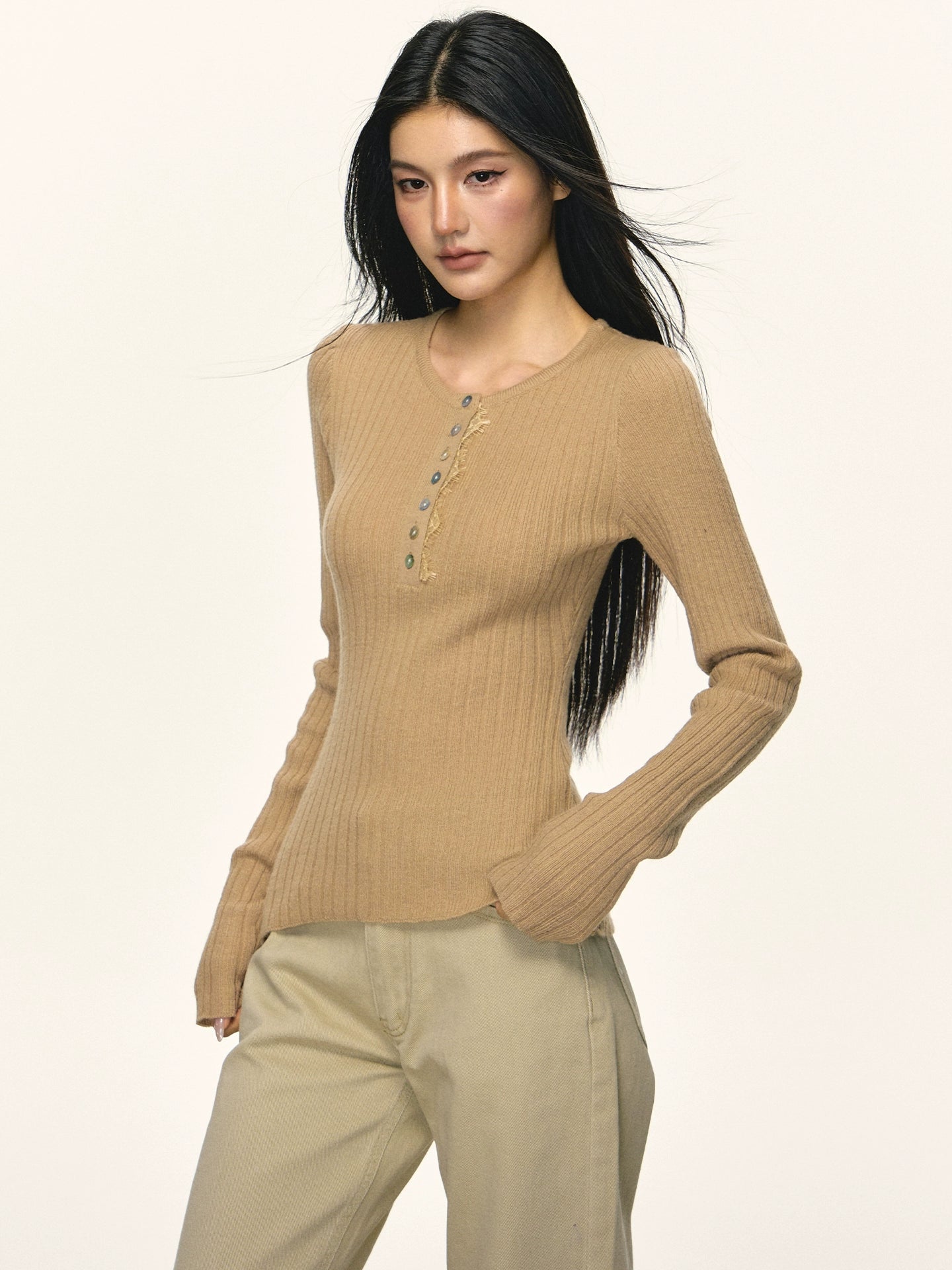 Anna Aneae Henry Collar Knitted Inner Bottom Slim Sleeve