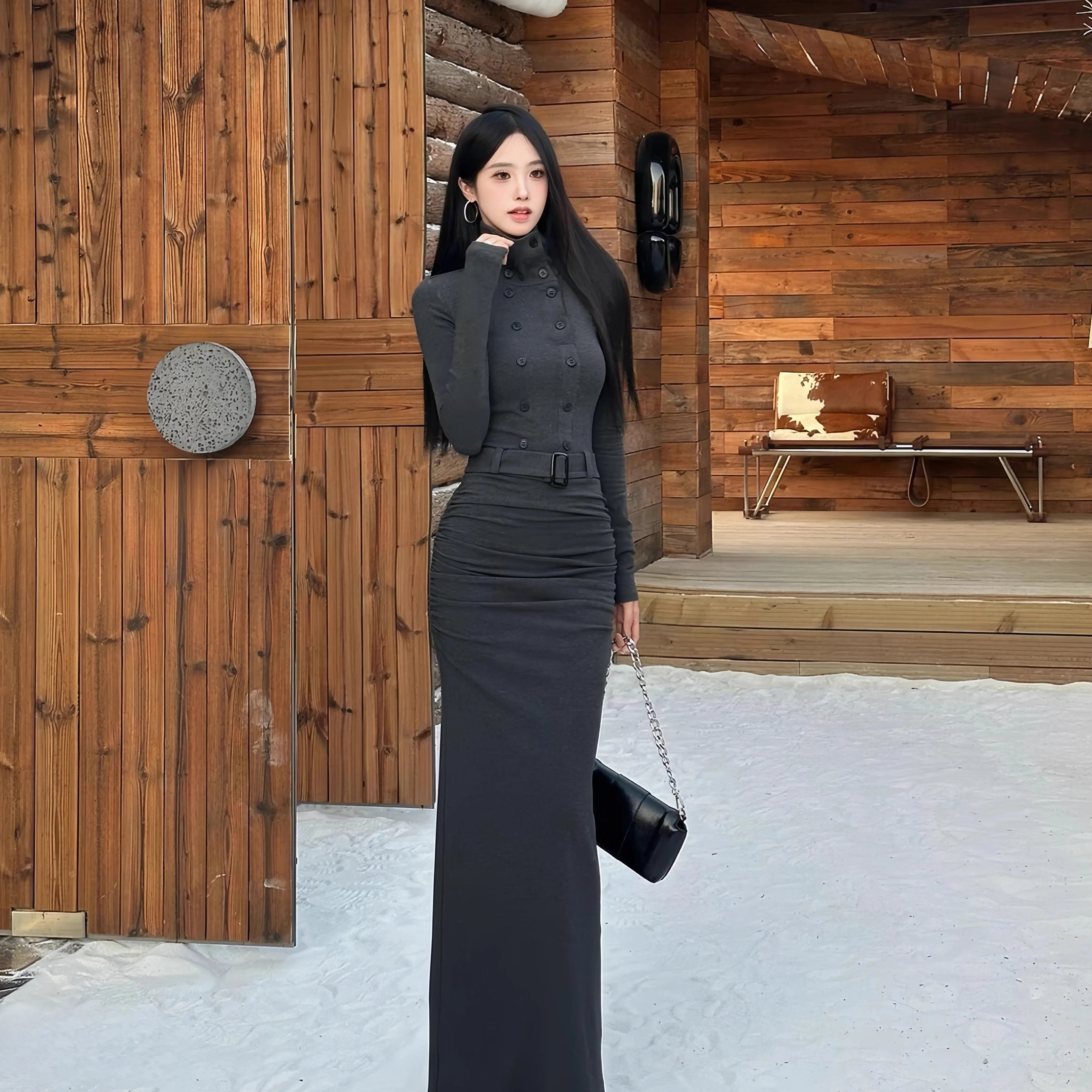 Instunning Turtleneck Long-sleeved Breasted Belt Temperament Dress