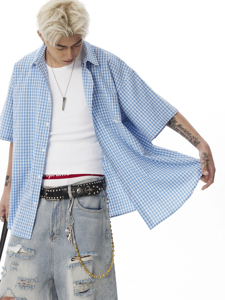 CoosRetro Embroidered Plaid Versatile Short Sleeve Shirt