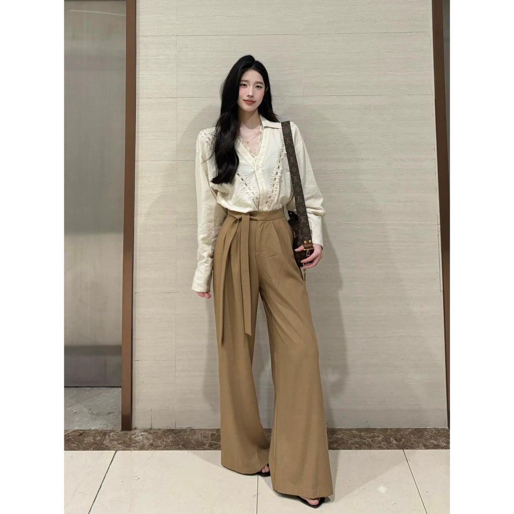 PANPANSTUDIO Simple Linen Old Money Style Shirt Wide Leg Pants Set