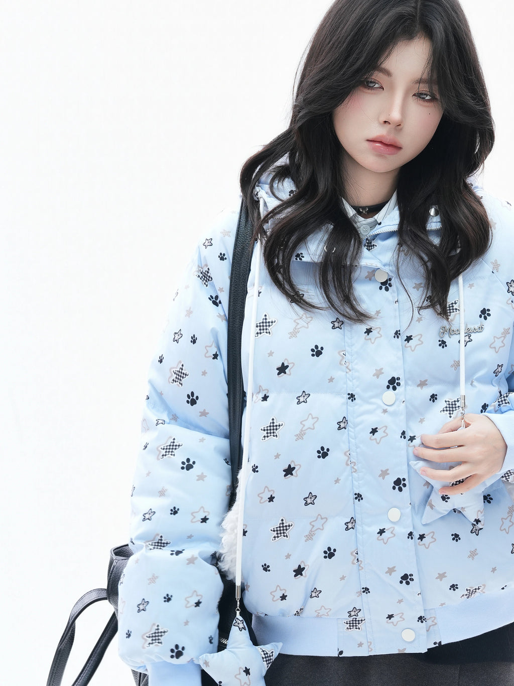 Zuocisankon Star Print Plush Hooded Cotton Coat