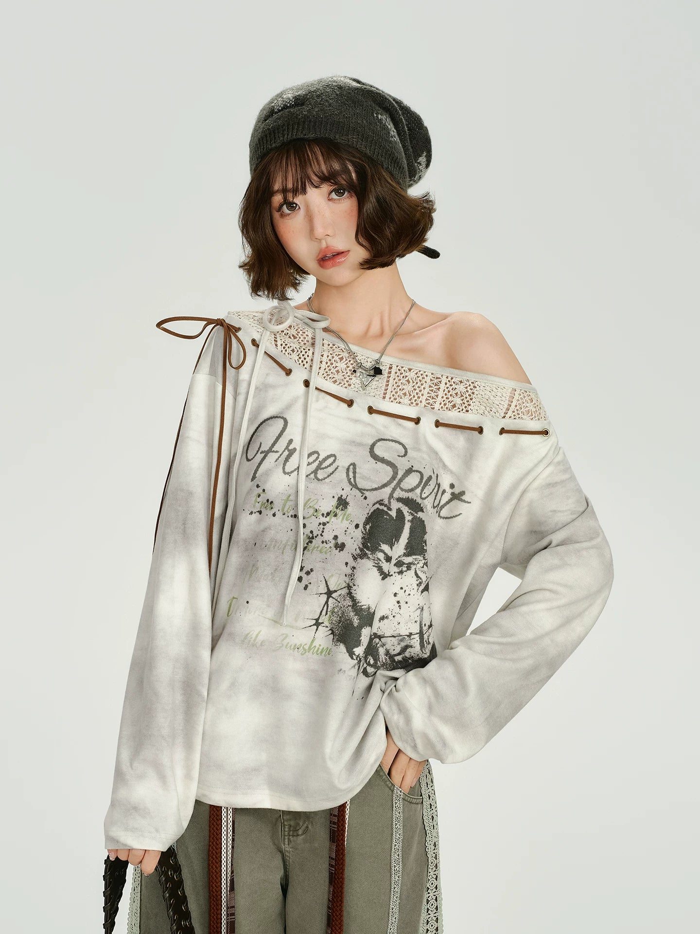 Girlyhalo Vintage Print Splicing Loose Long Sleeves
