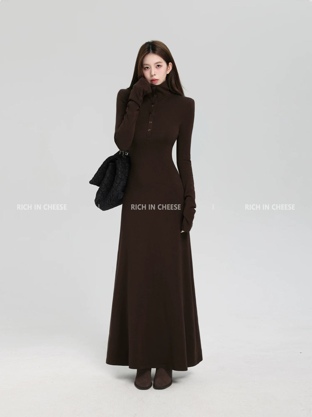 RICH IN CHEESE Turndown Collar Waist Slim Knitted Dress