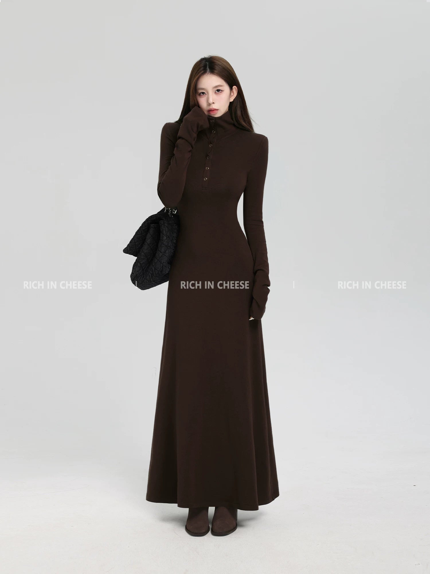 RICH IN CHEESE Turndown Collar Waist Slim Knitted Dress