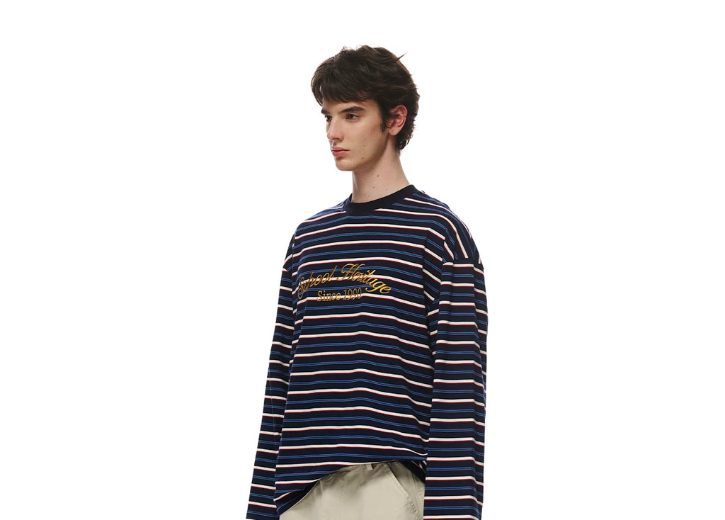 Loopsoon Striped Chest Contrast Print Crew Neck Long Sleeve