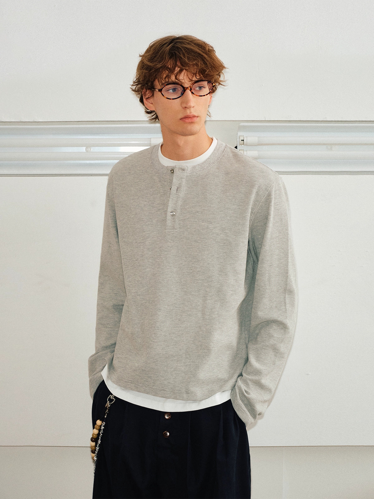 KREATE Waffle Henry Collar Fake Two Long Sleeves