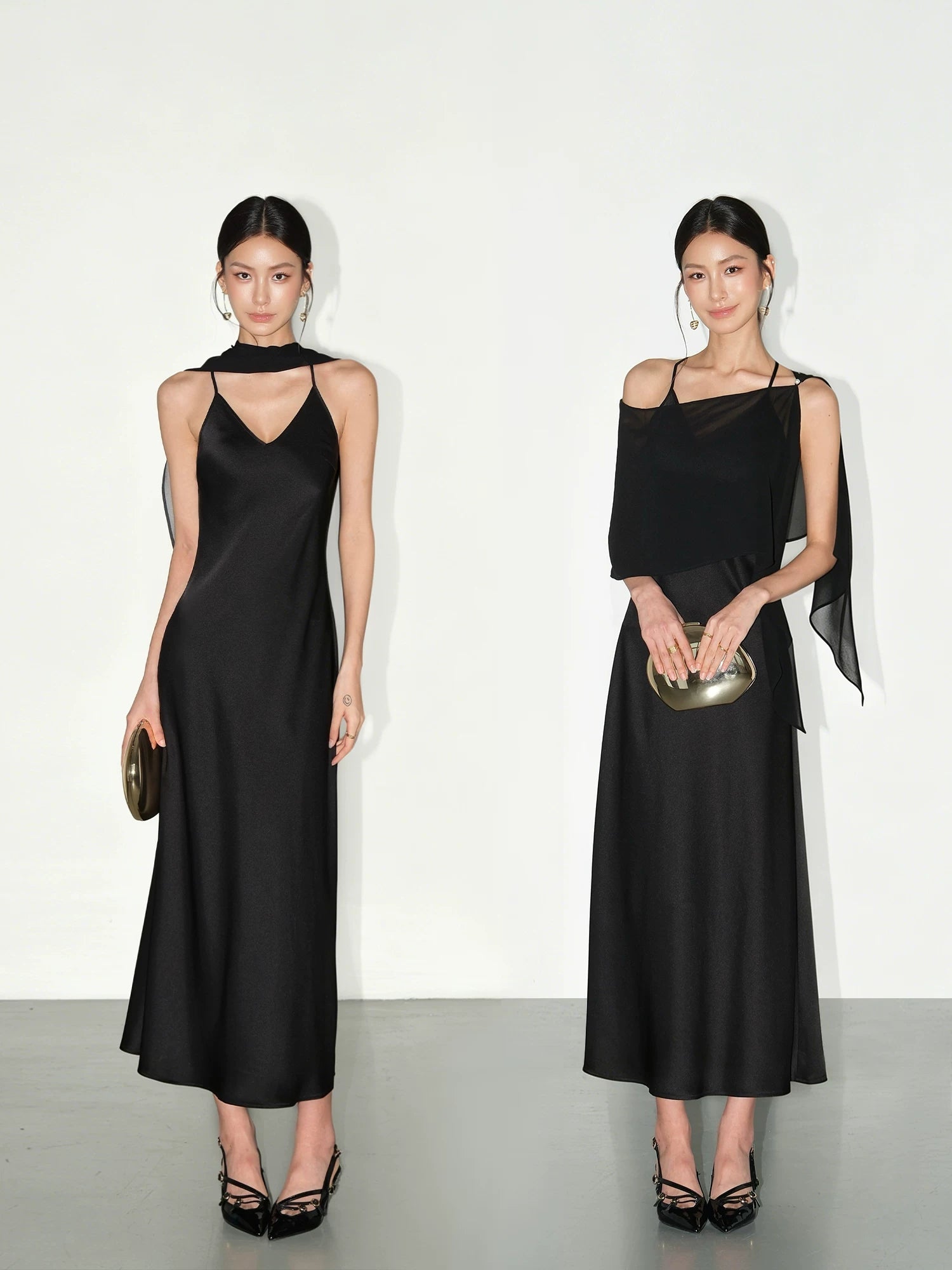 NEVA HU Satin V-neck Shawl Halter Suspender Dress