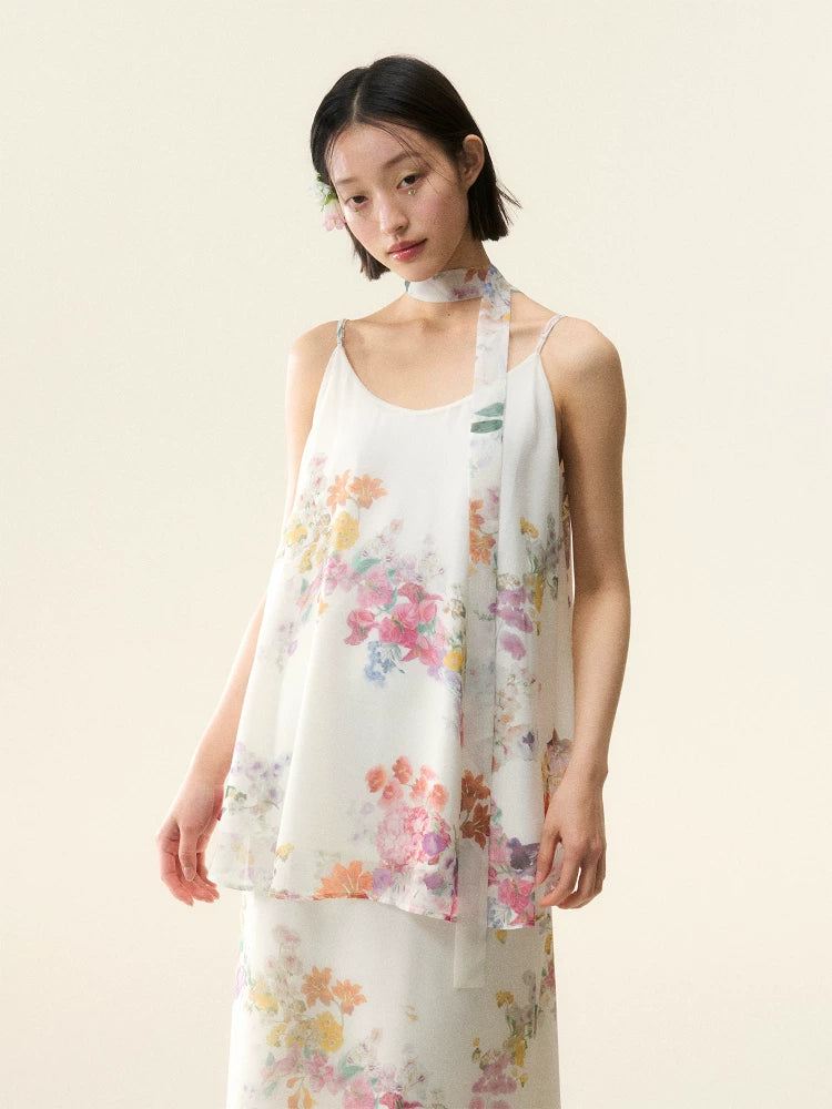 LOUMUTAKU Flower Waterprint Lazy Suspender Dress